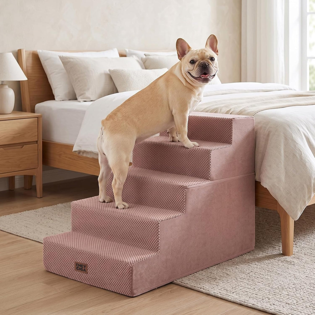 EHEYCIGA Dog Stairs for Bed 22.5" H, 5-Step Extra Wide Dog Steps, Pink
