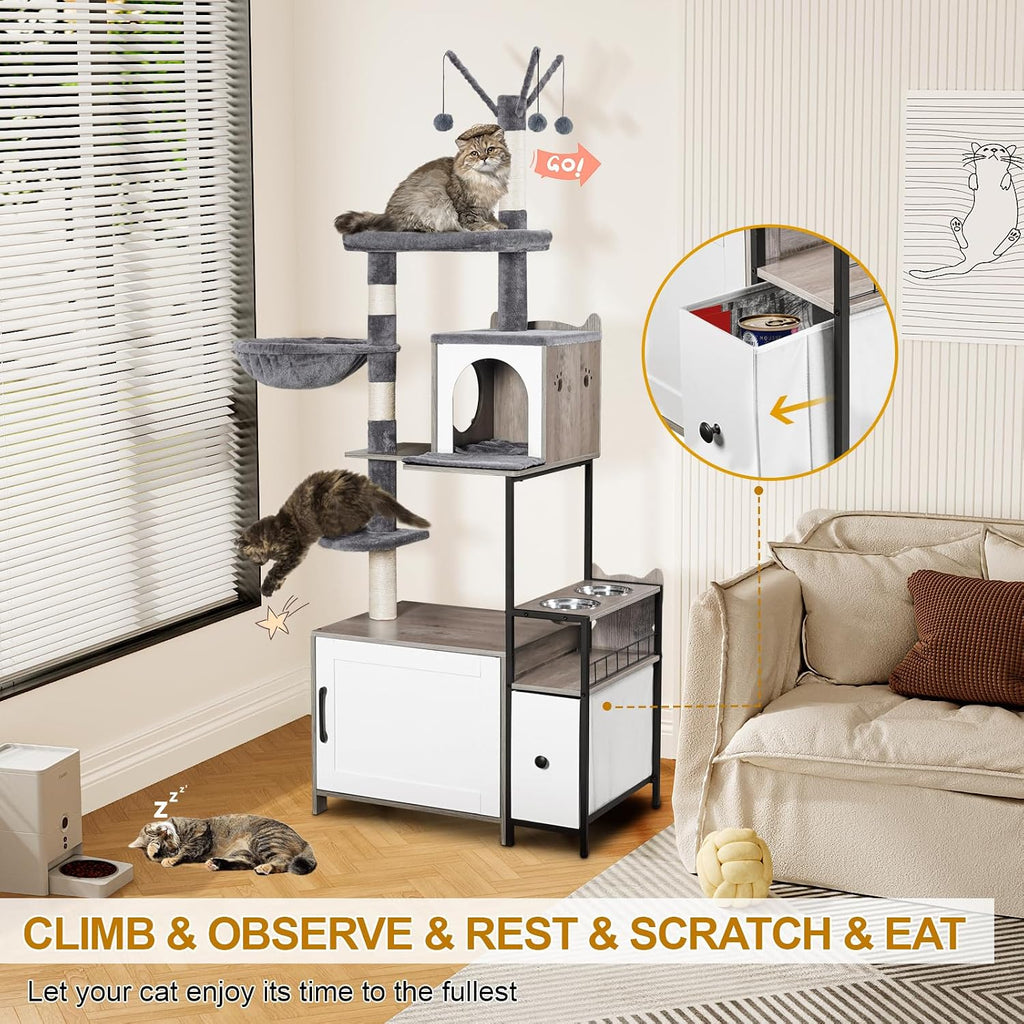 Snughome Cat Tree with Litter Box Enclosure, 3-in-1 Modern Cat Tower for Indoor Cats, 67.32’’ Hidden Cat Litter Box Furniture with Cat Condo, Food Station and Hammocks, All-in-one Cat Furniture