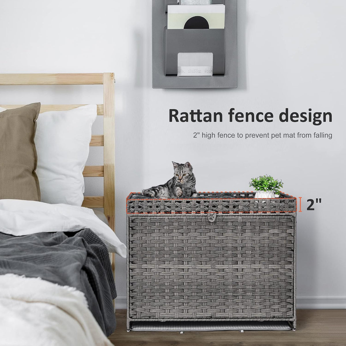 Cat Litter Box Enclosure with Door, Hidden Cat Washroom Furniture | Handwoven PP Wicker; Soft Litter Mat Included; Spacious Interior; Furniture-Style Design; Indoor Home Décor