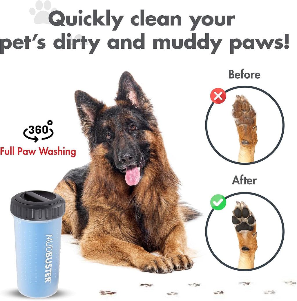 Dexas Lidded MudBuster Large Dog Paw Cleaner, Pro Blue, Fits 2.5"-3.5" Wide Paws, Gentle Silicone Bristles for Quick, Easy Cleaning 