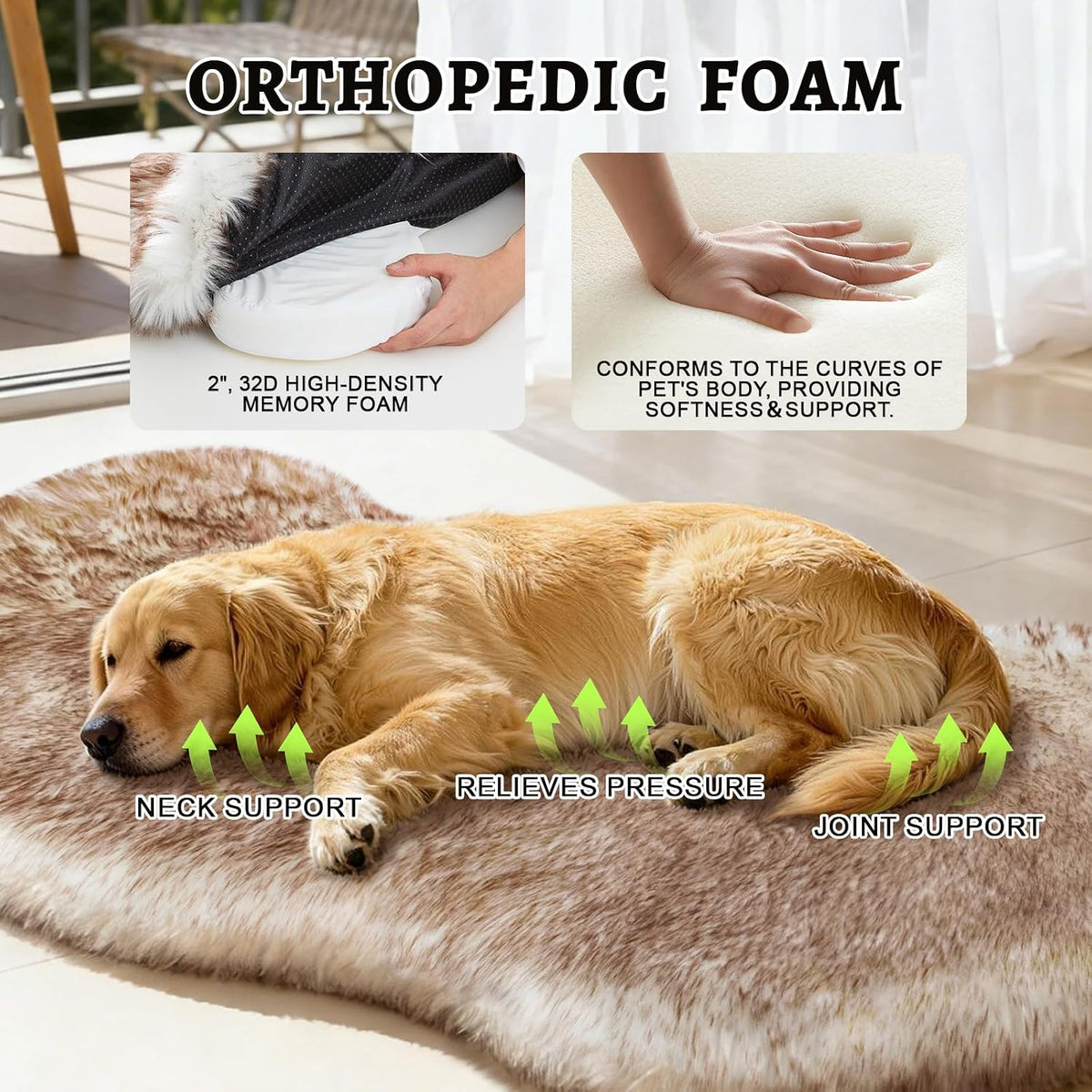 Faux Fur Dog Bed Rug for Large Dogs, Orthopedic Thick Foam 50"x30"