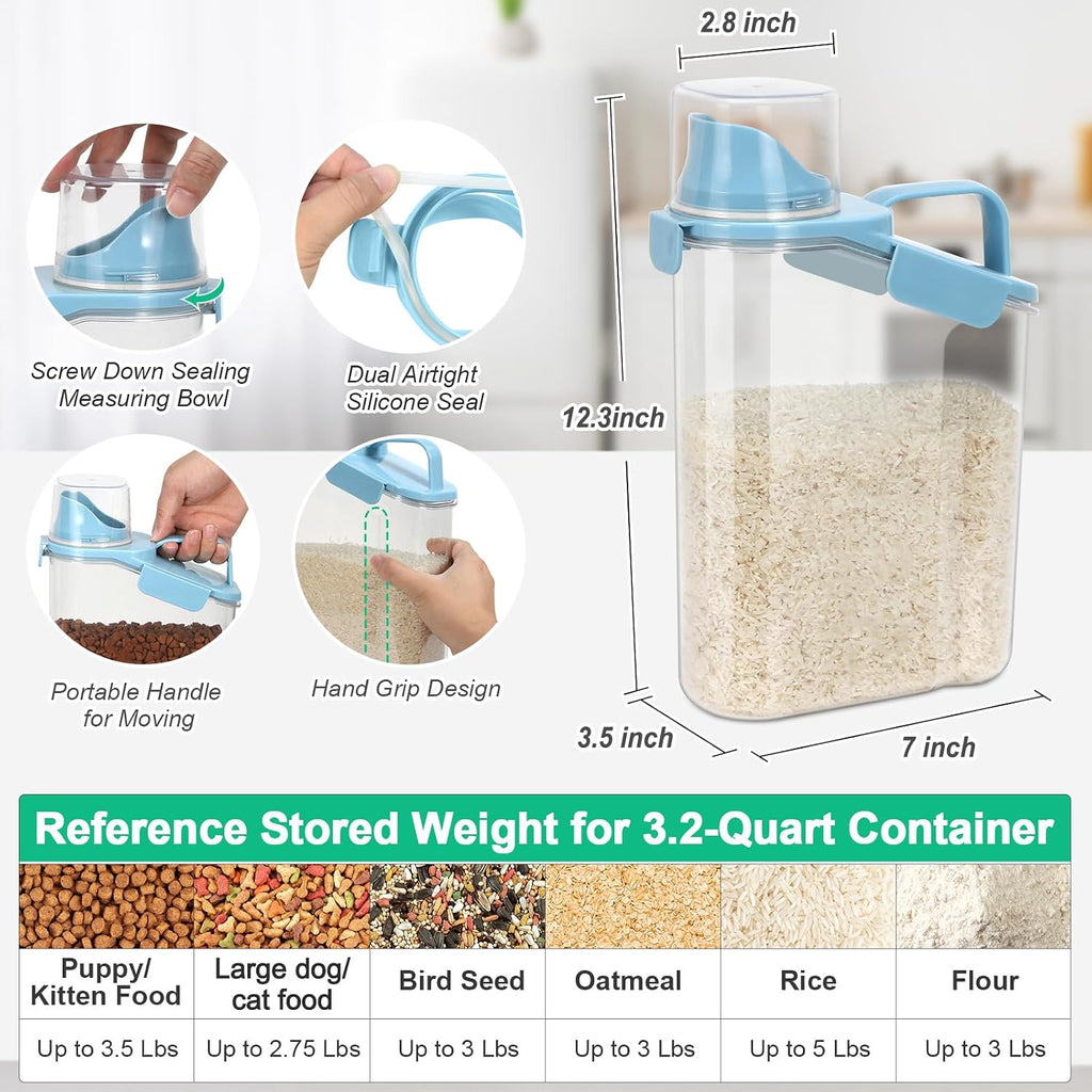TBMax 2 Pack Rice Container Cereal Storage Container 3.2 Quarts, Kitchen Pantry Dry Food Storage Holder with Easy-Pouring Spout & Handy Cup, Small Pet Dog Cat Food Dispenser for Daily Feeding