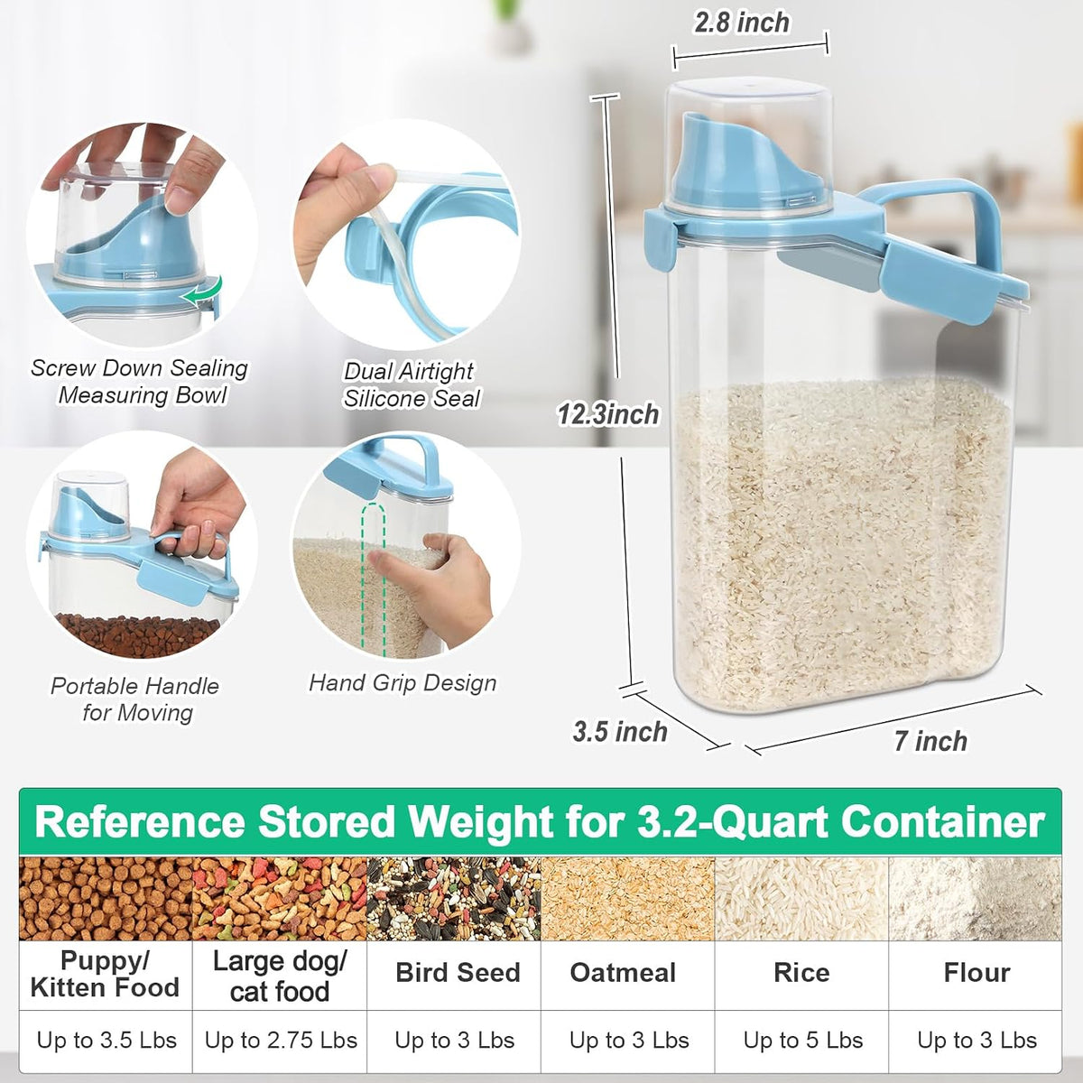 TBMax 2 Pack Rice Container Cereal Storage Container 3.2 Quarts, Kitchen Pantry Dry Food Storage Holder with Easy-Pouring Spout & Handy Cup, Small Pet Dog Cat Food Dispenser for Daily Feeding