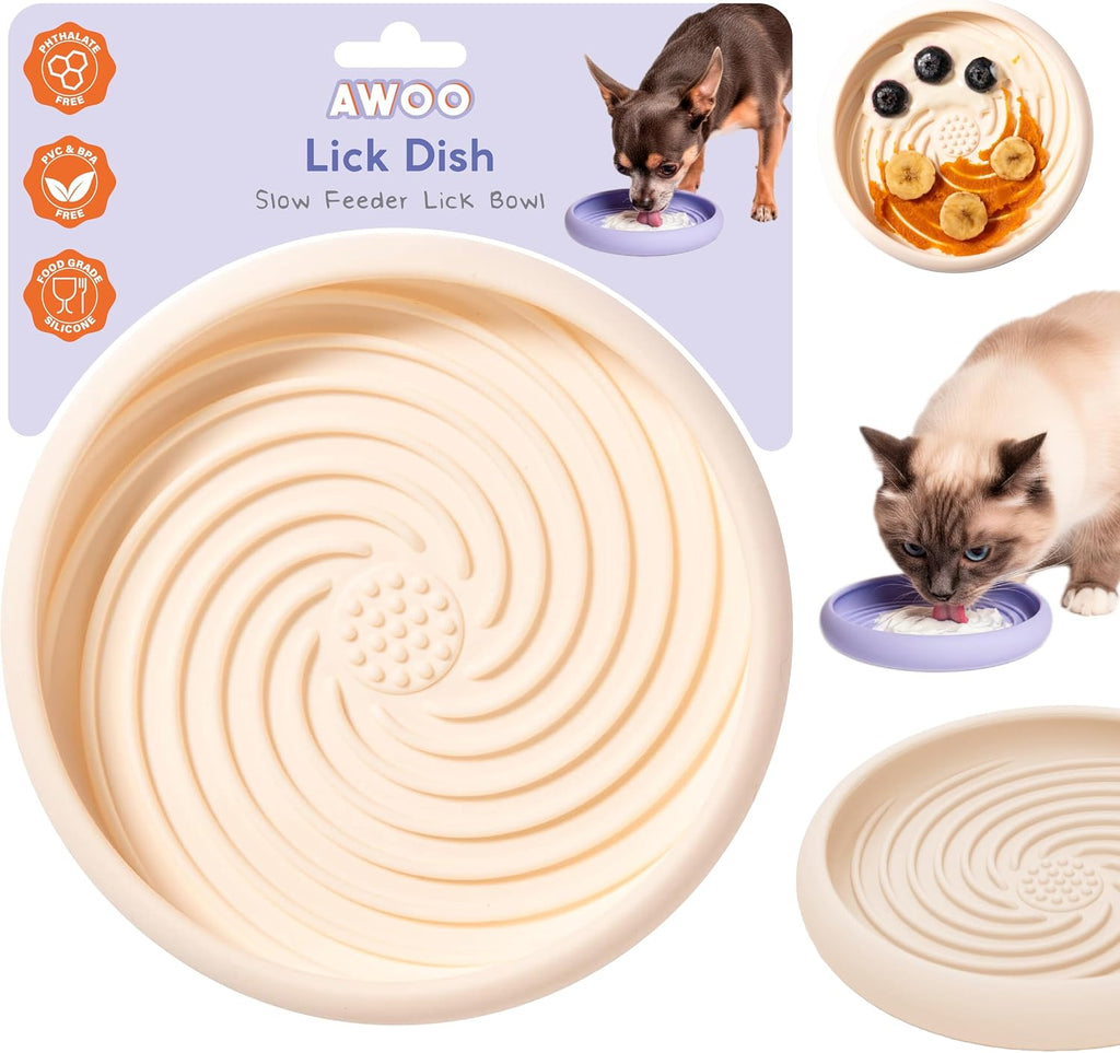 Lick Dish - Silicone Lick Mat + Slow Feeder for Cats & Small Dogs (Almond)
