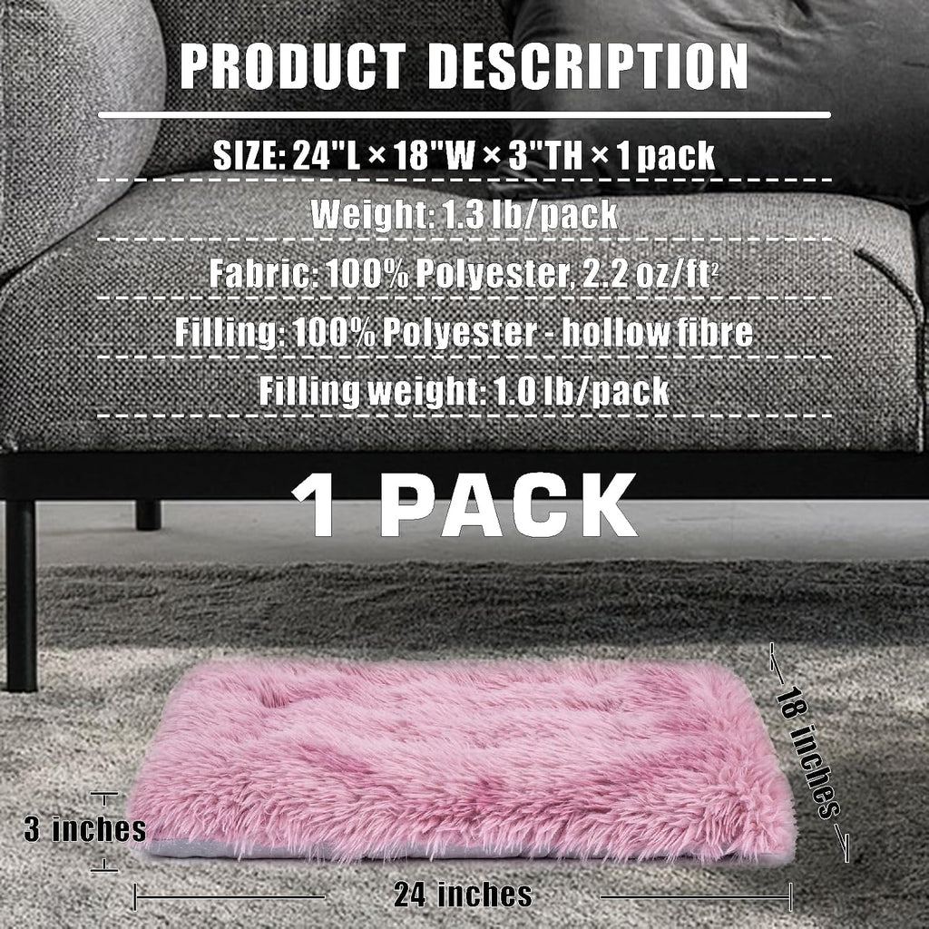 Machine Washable Dog Bed, Deluxe Plush Dog Crate Pad and Cat Bed, Anti-Slip Bottom Kennel Pad Mat, Fuzzy Pet Beds for Large, Medium, Small Dogs Breeds (Pink Mauve, 24.0"L x 18.0"W x 3.0"Th x 1 PACK)