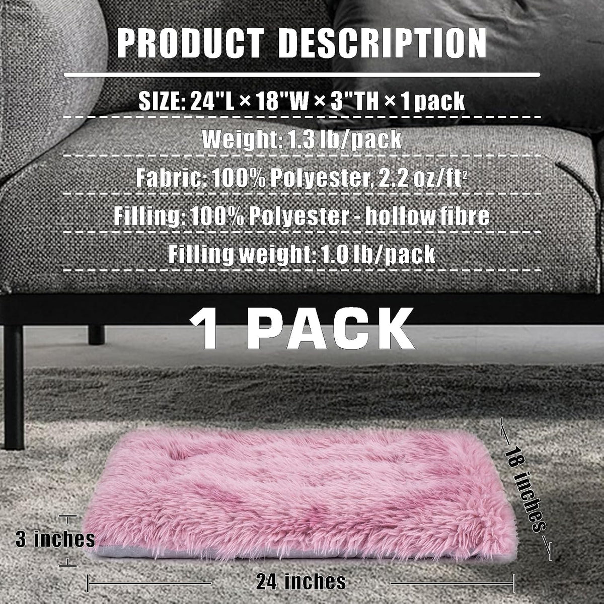 Machine Washable Dog Bed, Deluxe Plush Dog Crate Pad and Cat Bed, Anti-Slip Bottom Kennel Pad Mat, Fuzzy Pet Beds for Large, Medium, Small Dogs Breeds (Pink Mauve, 24.0"L x 18.0"W x 3.0"Th x 1 PACK)
