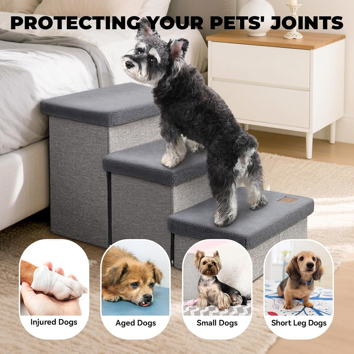 Zerbuger Dog Stairs with Storage, Grey Furry Lids 3 Steps Dog Ramp no Condo