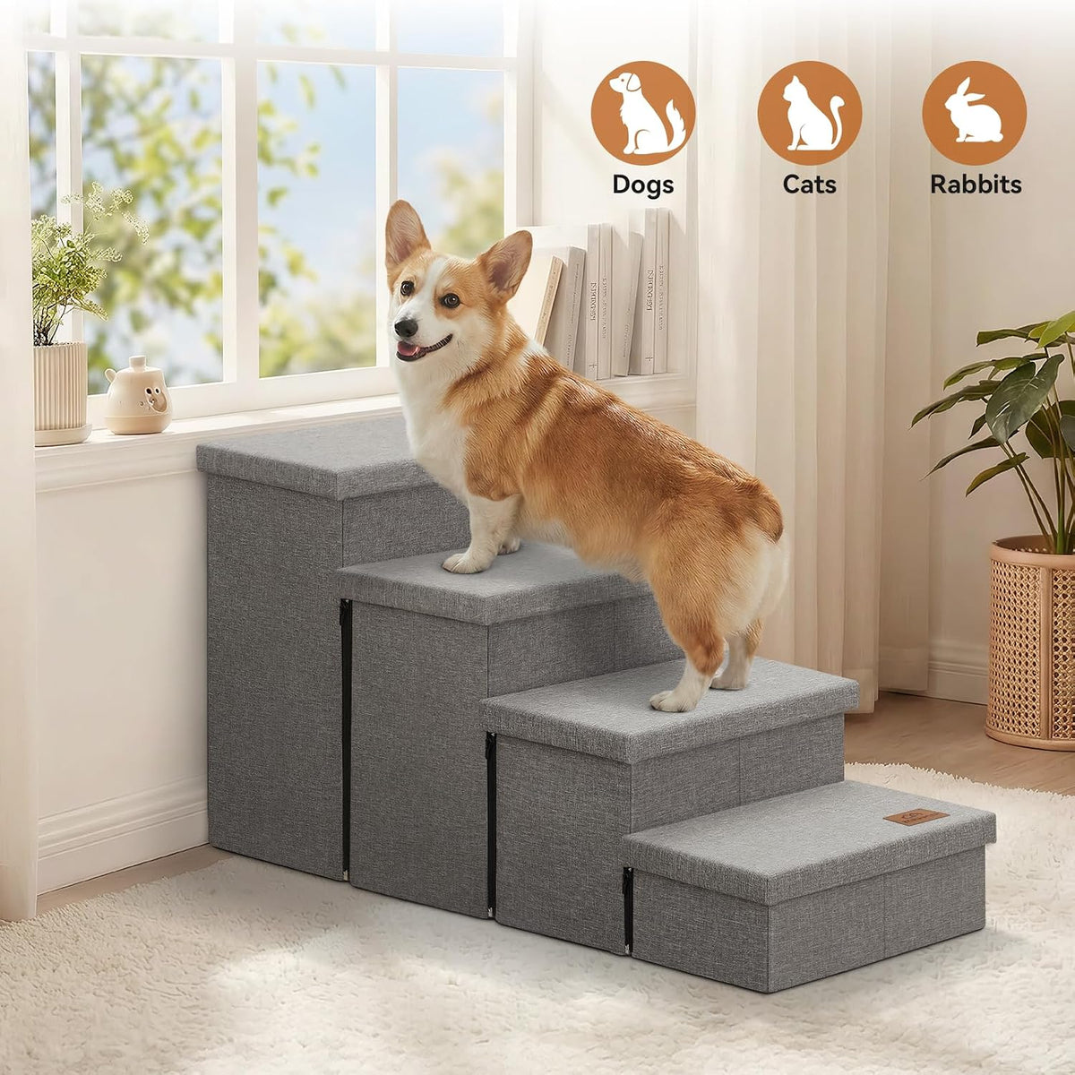 Zerbuger Dog Stairs with Storage, Grey 4 Steps Dog Ramp no Condo for Bed