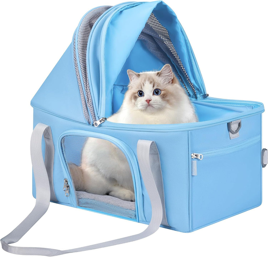 BurgeonNest Top-Expandable Cat Carrier with Semi-Open Canopy for15lbs, Blue