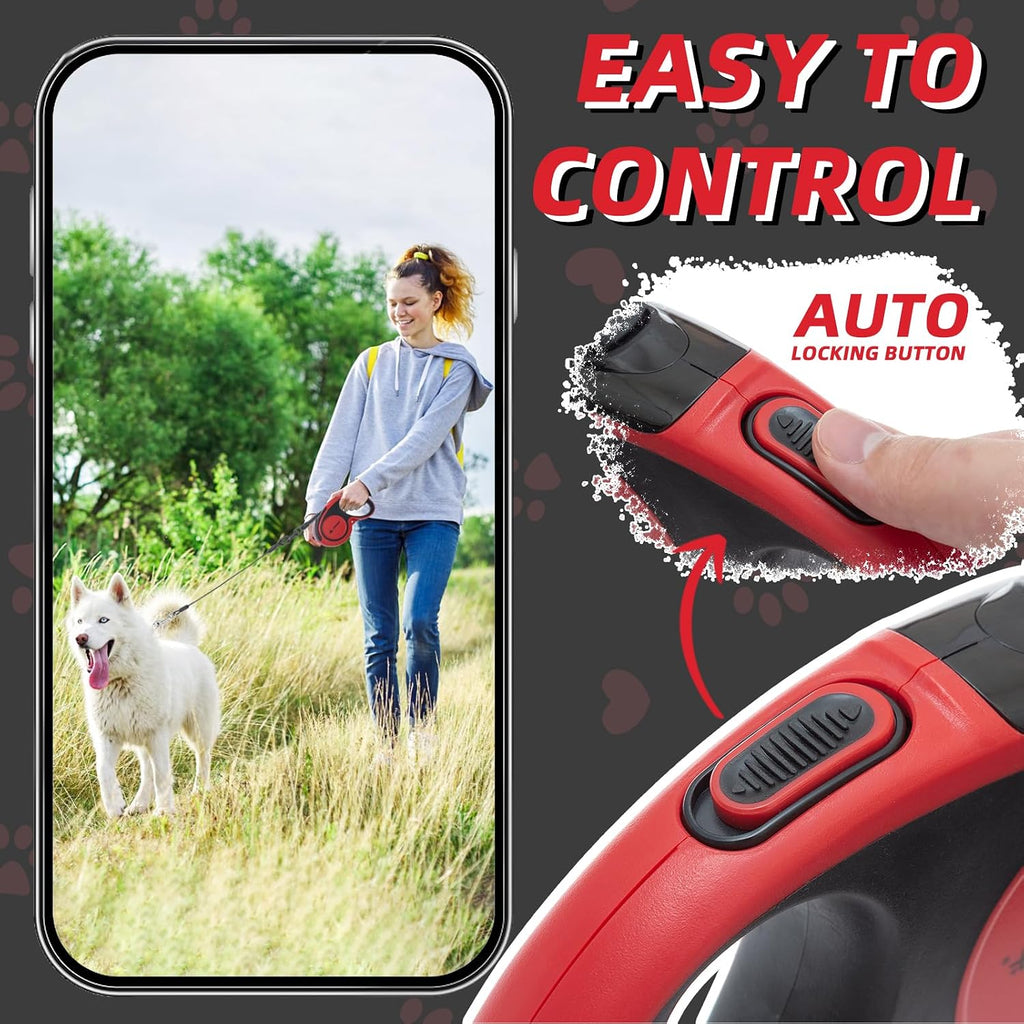 PUPTECK 16 ft Retractable Dog Leash with Chew Proof Cable for up to 110lbs Small Medium Large Dogs, Heavy Duty Dog Leash for Daily Training Walking, Red