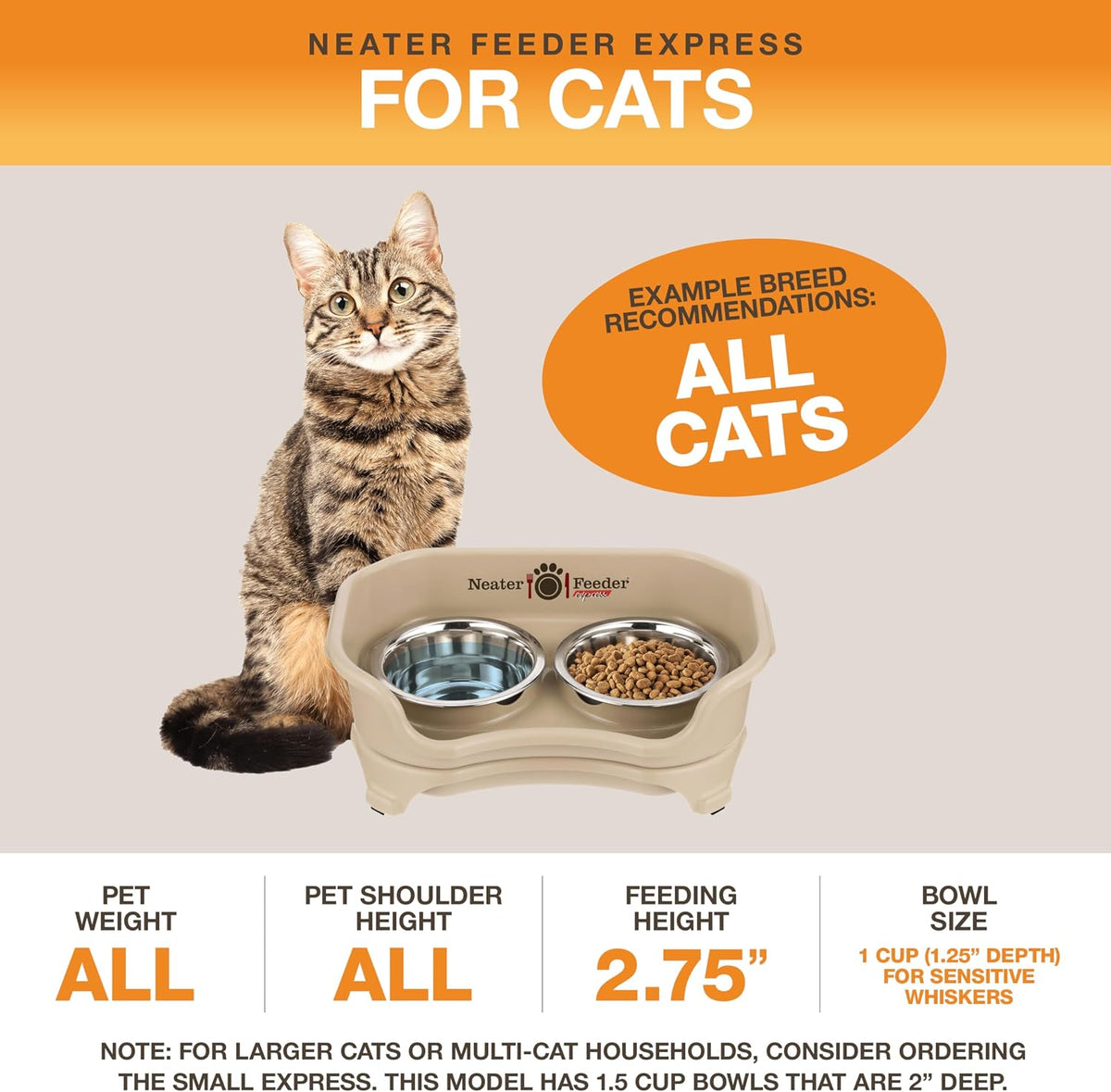 Neater Feeder Express Mess Proof Cat Bowls Elevated, No Spill Feeding Station, Stainless Steel Dishes for Food and Water, Raised Bowls for Indoor Cats, No Fatigue Whisker Friendly Dish, Almond 