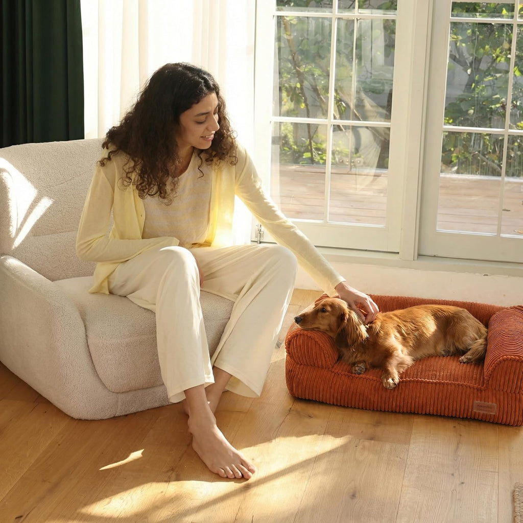 FUKUMARU Dog Couch Bed, Corduroy Cozy Cat Bed, Waterproof, Washable Cover