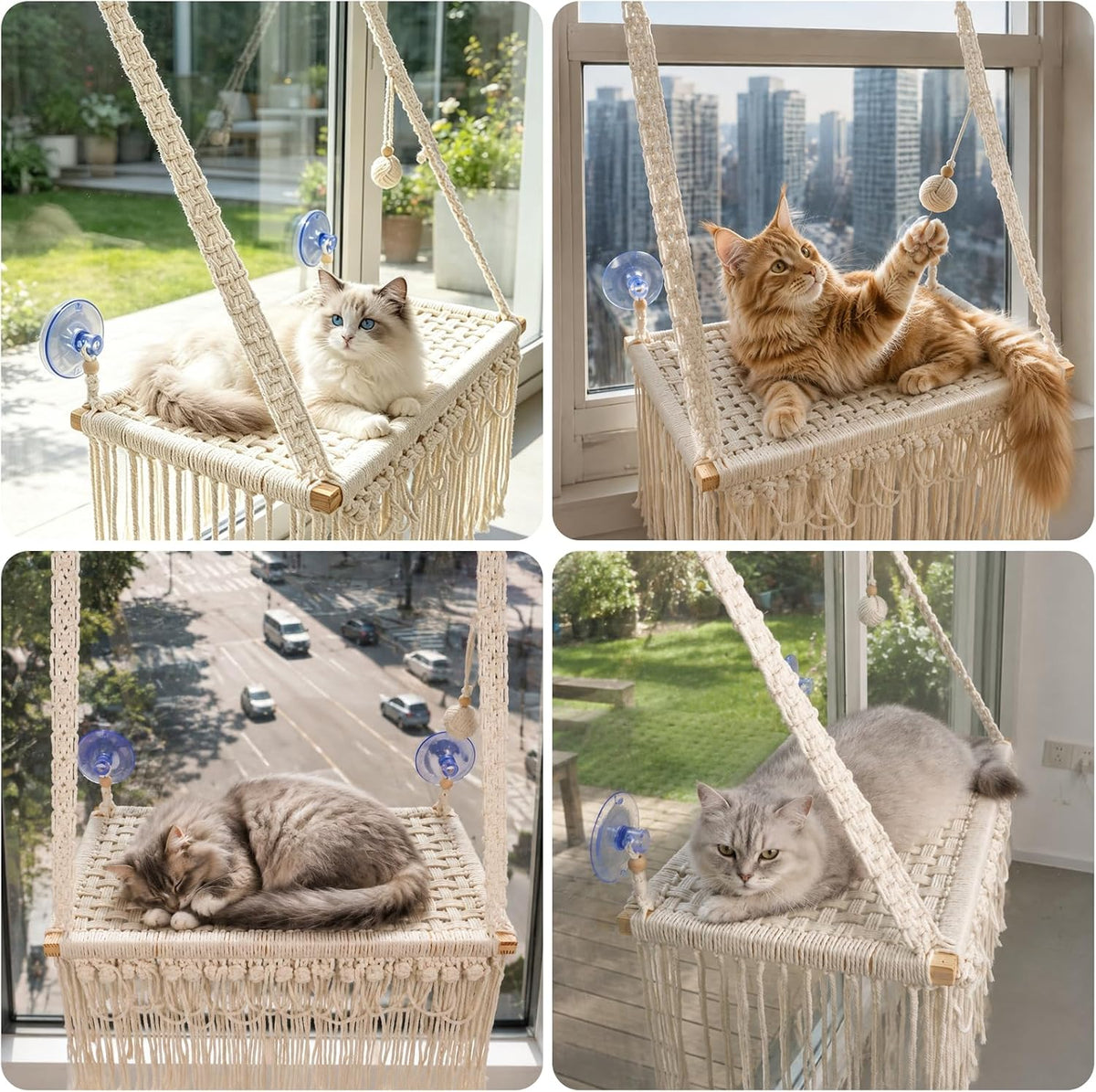 Cat Window Perch with Foldable Hook,22"x14",Handwoven Catio,Macrame Cat Window Perch, Bohemian Cotton Hammock with 3 Sides Tassels