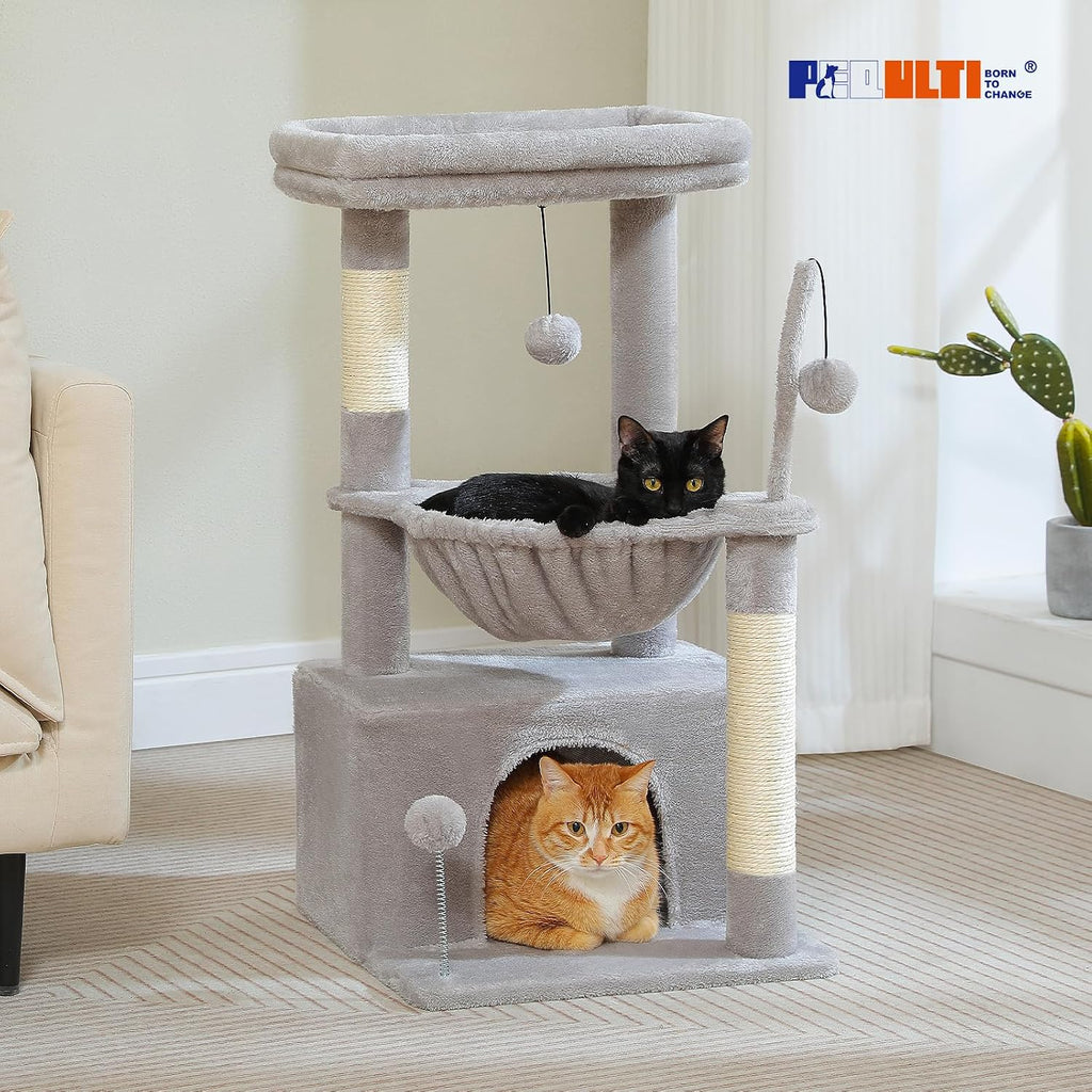 PEQULTI 4-in-1 Cat Activity Tree for Kittens & Small Cats, 33in Grey Tower