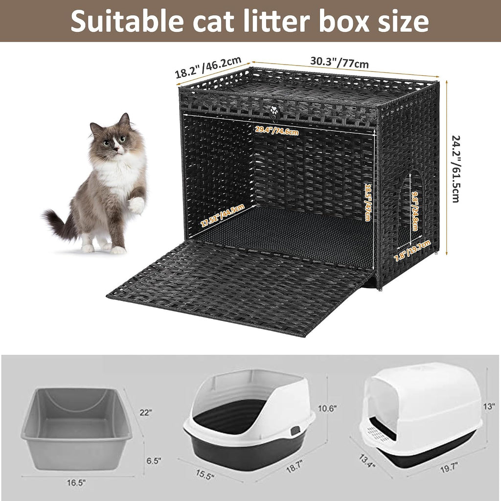 Cat Litter Box Enclosure with Door, Hidden Cat Washroom Furniture | Handwoven PP Wicker; Soft Litter Mat Included; Spacious Interior; Furniture-Style Design; Indoor Home Décor