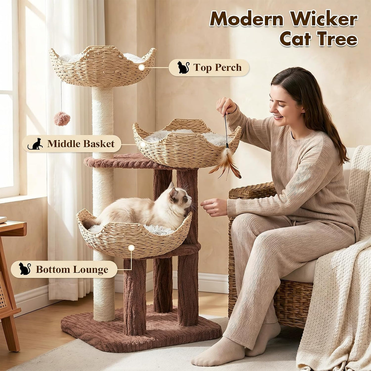 PAWZ Road Modern Cat Tree with Baskets, 44" Cat Tower for Indoor Cats,Brown