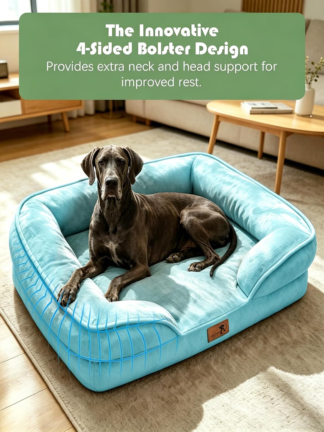 Spotted Play Orthopedic Dog Bed with Sides - Sofa Beds for Extra Large Dogs, Supportive Foam Pet Couch Bed with Washable Removable Cover, Waterproof Lining and Non-Slip Bottom, Ice Blue - XXL