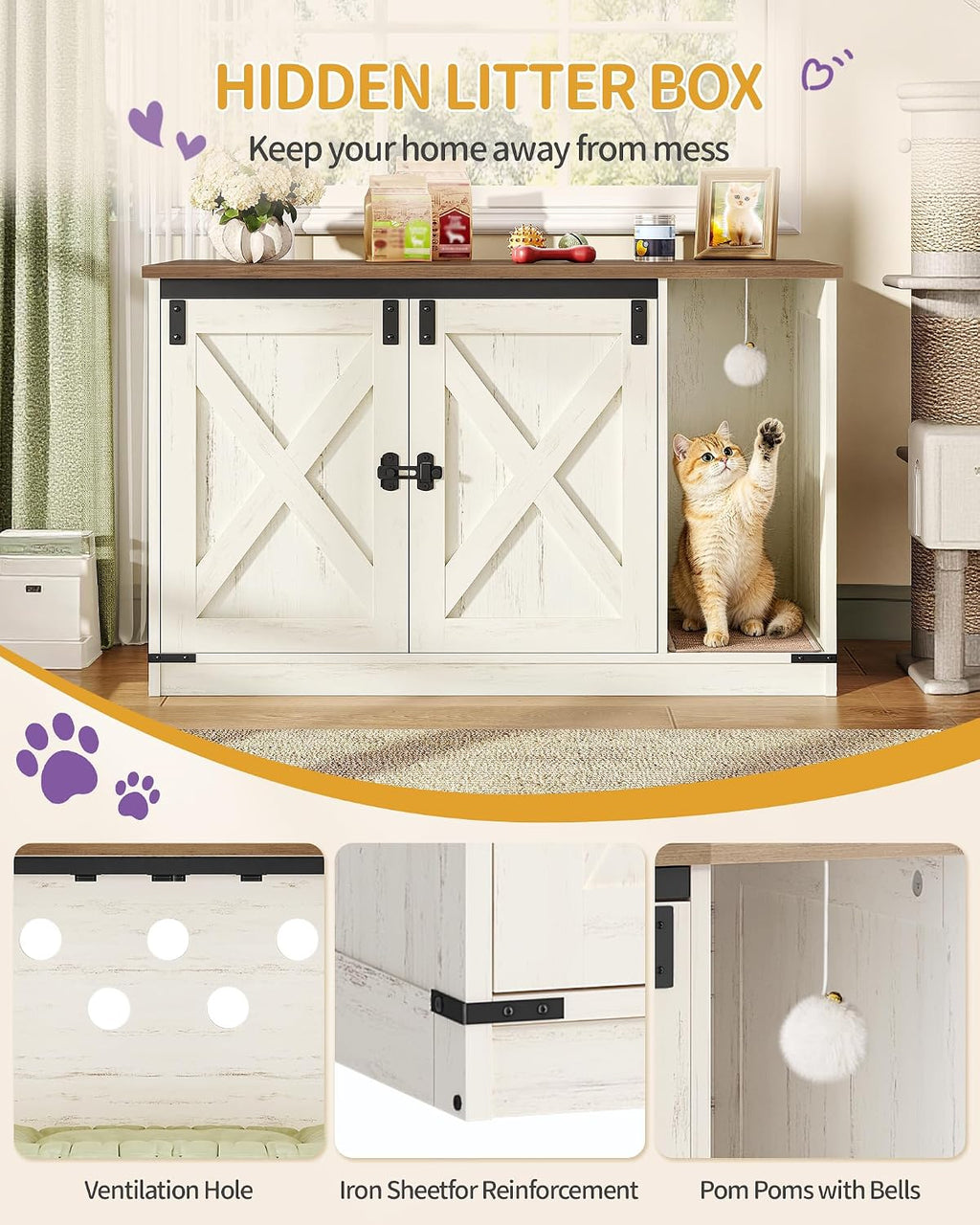 Hzuaneri Cat Litter Box Enclosure, Hidden Litter Box Cabinet Furniture | Indoor Cat House with Bell, Farmhouse Style, 31.5 x 19.7 x 20.9 Inches, for Hallway, Bedroom, Rustic Brown and White CB85214X