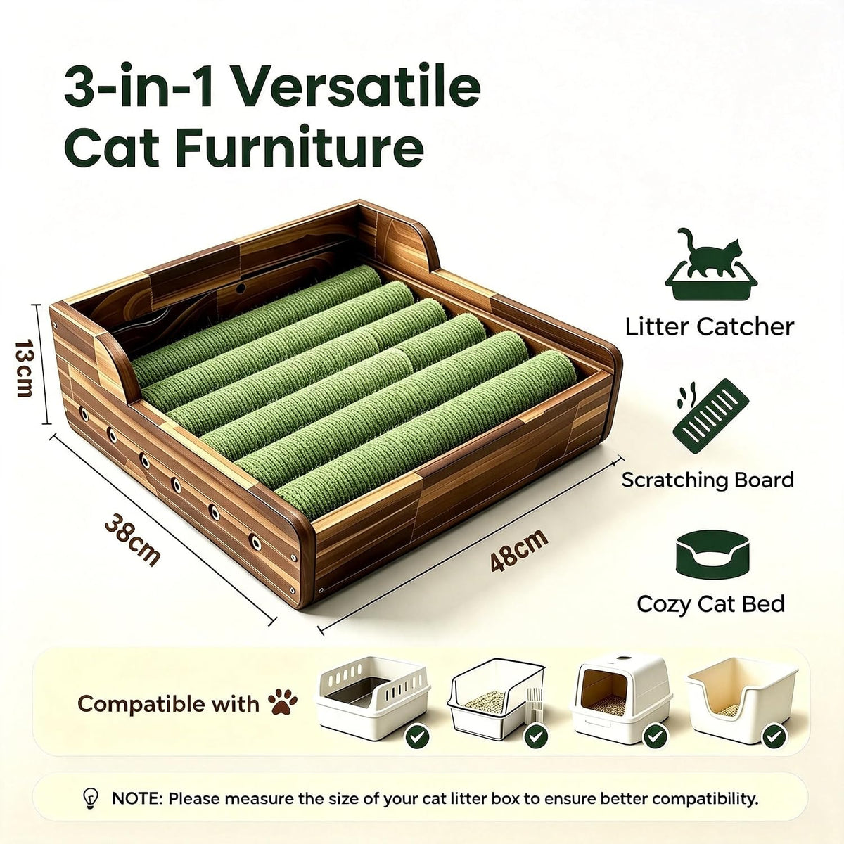 Cat Litter Box Step with Sisal Scratching Post Litter Catcher Mat (Natural) | Multi-Purpose Wood Anti-Tracking Cat Scratcher Bed Litter Box Ramp, Fits Standard Cat Litter Boxes