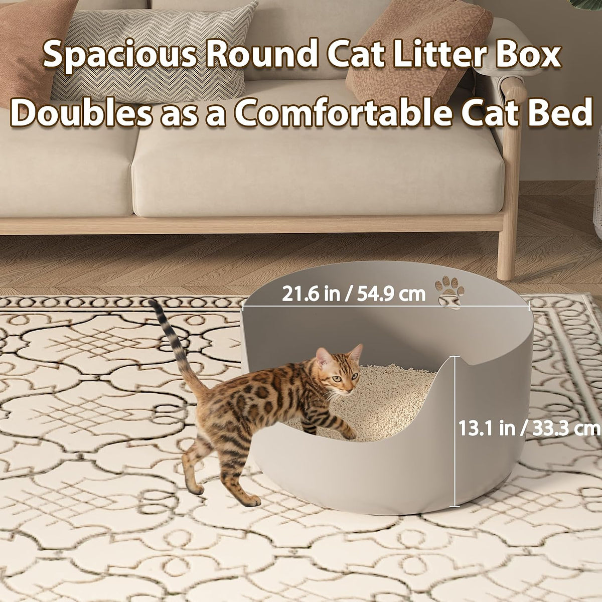 High Sides Low Entry Large Litter Pan (21.6x21.6x13.1 Inches), All-in-One Easy to Clean Plastic Litter Box for Kittens, Elderly & Large Cats, Doubles as Stylish Cat Bed, Grey