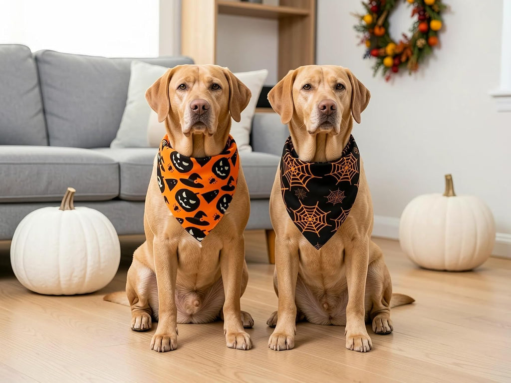 Fall Dog Bandanas 2PCS Halloween Pumpkin Spider Web Large Dogs