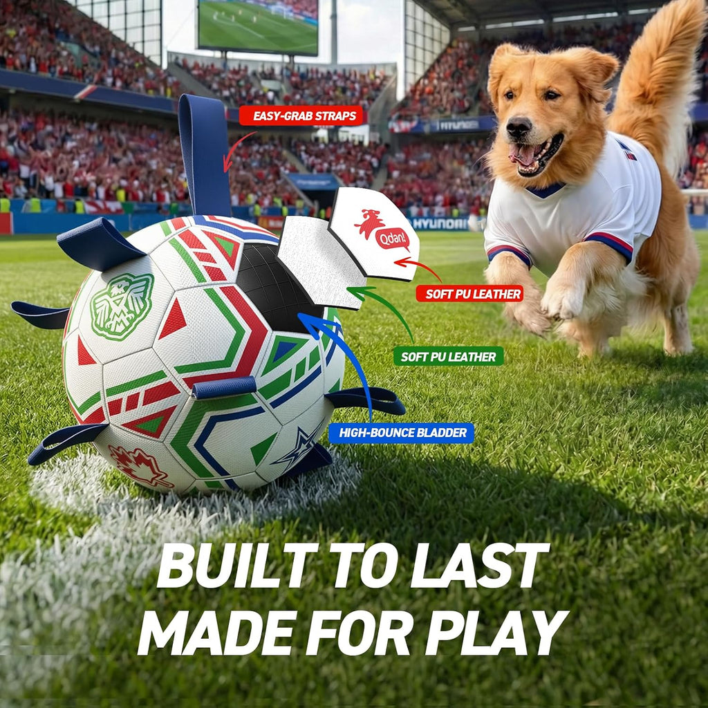 QDAN World Cup Soccer Ball for Dog, Large Herding Ball for 30-90 lbs Dogs | 8 Inch Dog Balls with Straps for Interactive, Tug and Training, Indoor Outdoor Toys for Medium Large Dogs, Water Dog Toy Ball