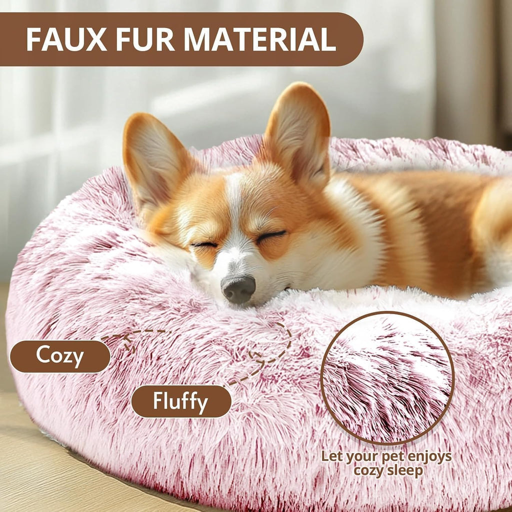 JOLLYVOGUE Calming Small Pink Dog & Cat Bed for Indoor Cats - 20 inches Washable Donut Bed for Kittens & Puppies, Anti-Anxiety Round Fluffy Plush Pet Beds (Fits up to 15 lbs, Smoke Pink)
