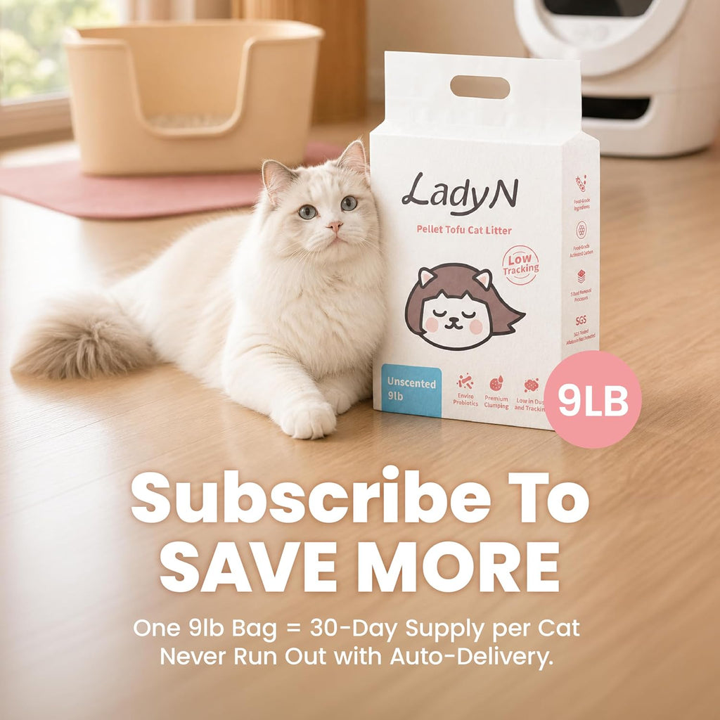 Lady N Tofu Cat Litter, Low Dust Compatible with Auto-Box Unscented 18lb | Mini-Pellet Shape, Strong Clumping, Ultra Absorbent, Activated Charcoal Odor Control