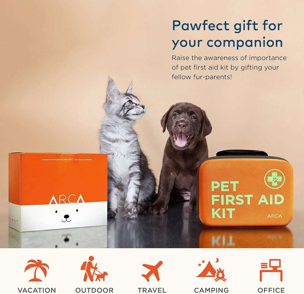 ARCA PET Cat & Dog First Aid Kit - High Visibility Reflective Zipper with Fluorescent Letter Print - 100 pcs with Dog Thermometer, Tick Remover Kit & Pet First Aid Kit Manual Book