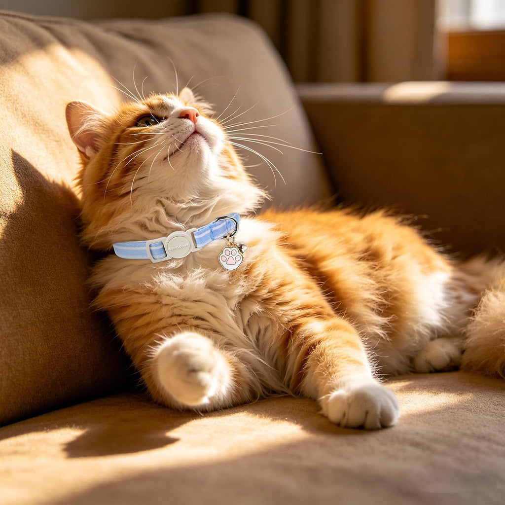 LIONET PAWS 2 Pack Breakaway Cat Collars, Cute Soft Cotton Plaid Gingham & Blue Stripe Kitten Collars with Bell for Boy Girl Cats