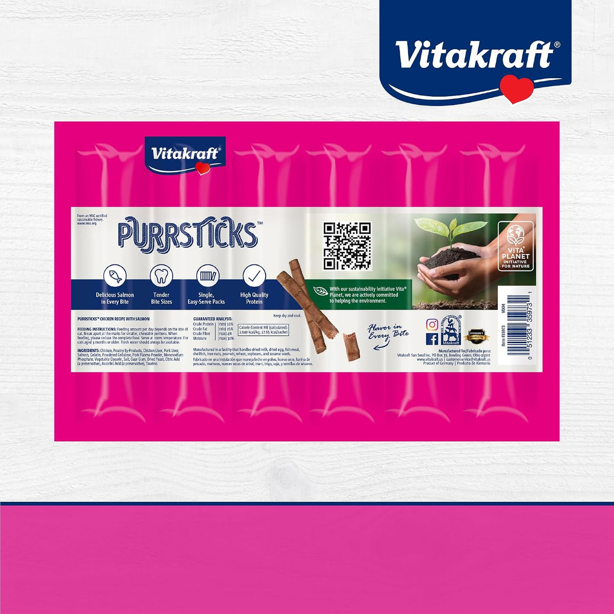 Vitakraft PurrSticks for Cats - Nutritious & Healthy Soft Cat Treats - Gently Oven Roasted Meat Sticks for Cats w/ 70% Meat - Easy-to-Serve Cat Chew Sticks (Salmon, 24 Pack)