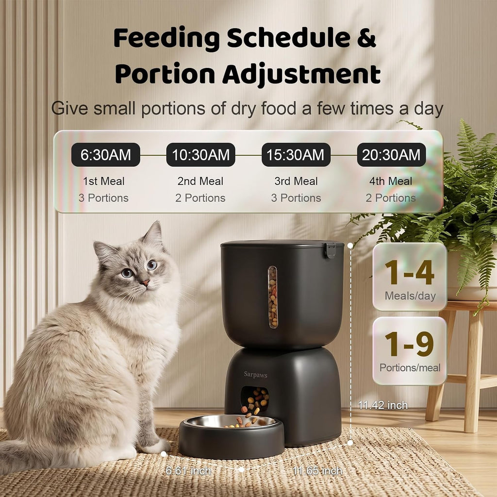 SARPAWS Automatic Cat Feeder, 3L Timed Pet Food Dispenser with 304 Stainless Steel Bowl, 10s Voice Recorder, Dual Power 180-Day Battery Life, Anti-Clogging Auto Pet Feeder for Small Cats and Dogs