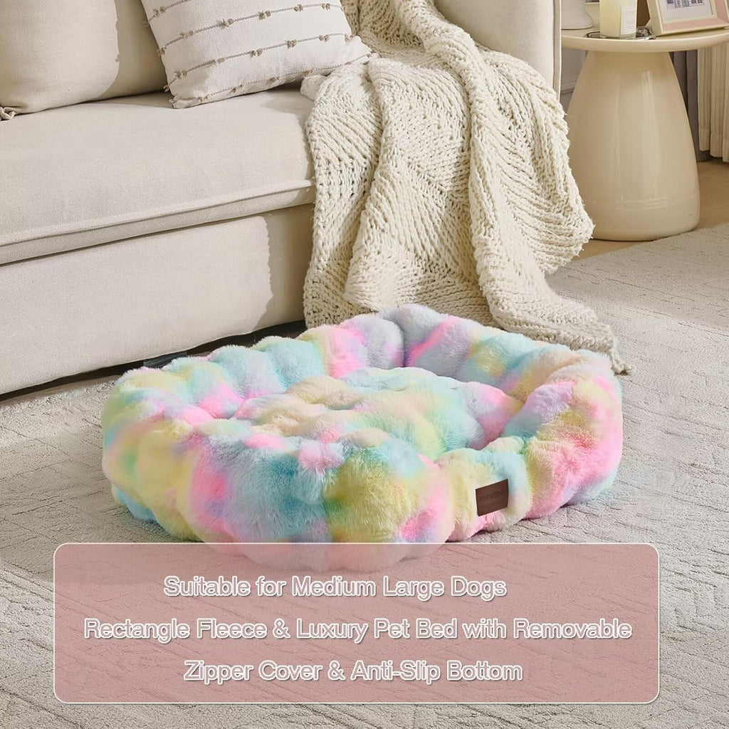 Washable Orthopedic Dog Bed,Rectangle Fleece & Luxury Pet Bed with Removable Zipper Cover & Anti-Slip Bottom,Suitable for Medium Large Dogs,30x25x7.5inches,Rainbow