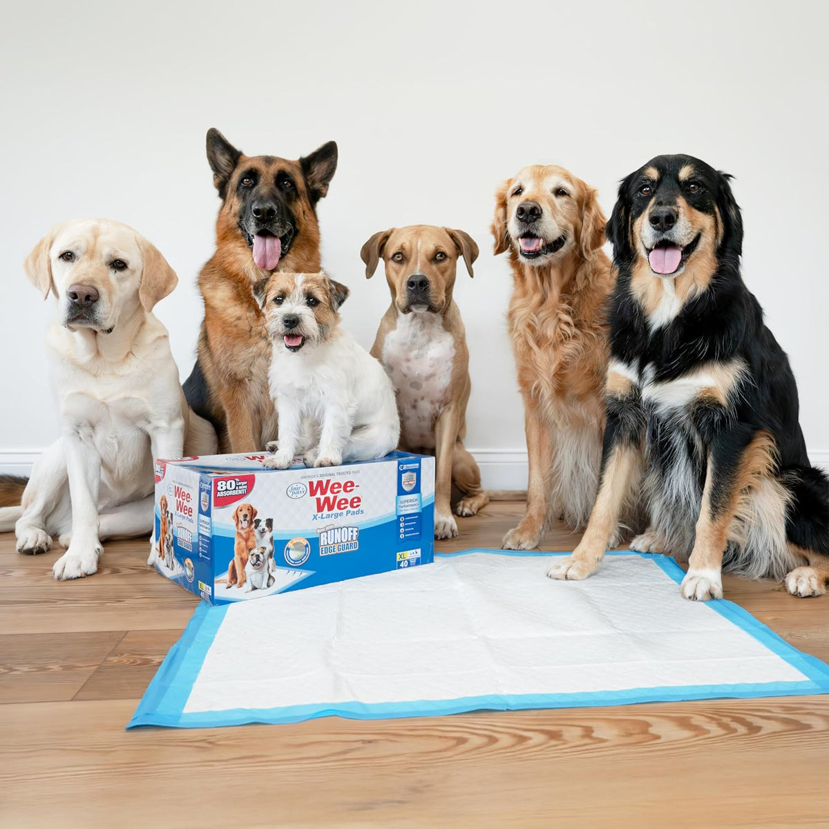 Four Paws Wee-Wee Superior Performance Gigantic Dog Pee Pads, 18 Count | Puppy & dog potty training pads, all day floor protection, housebreaking pet supplies, leak-proof puppy pads, 27.5" x 44"
