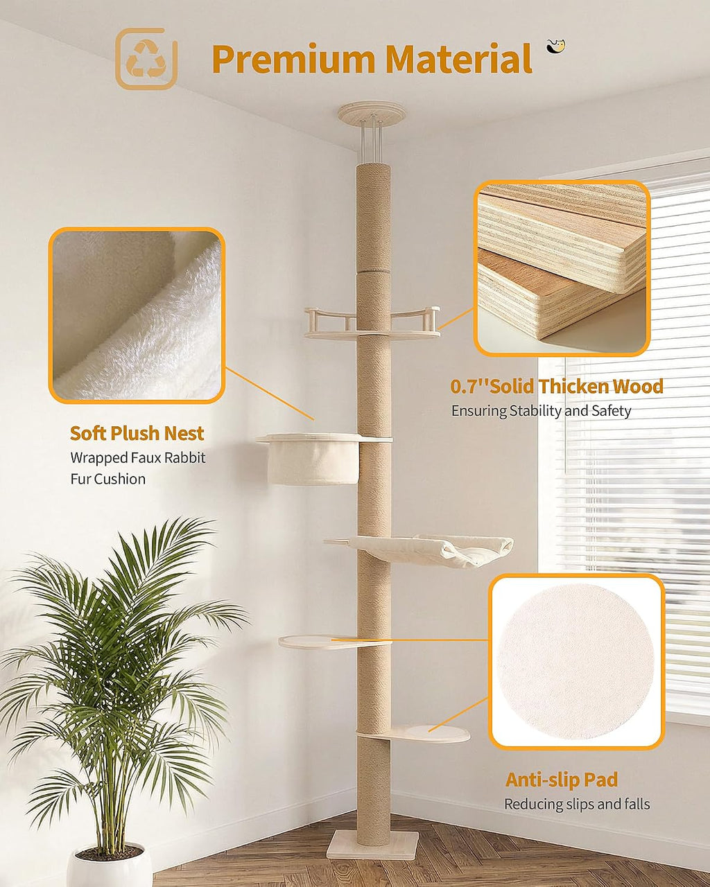 Aechonow 9ft Floor to Ceiling Cat Tree for Large Cats, 5'' Deep Hammock