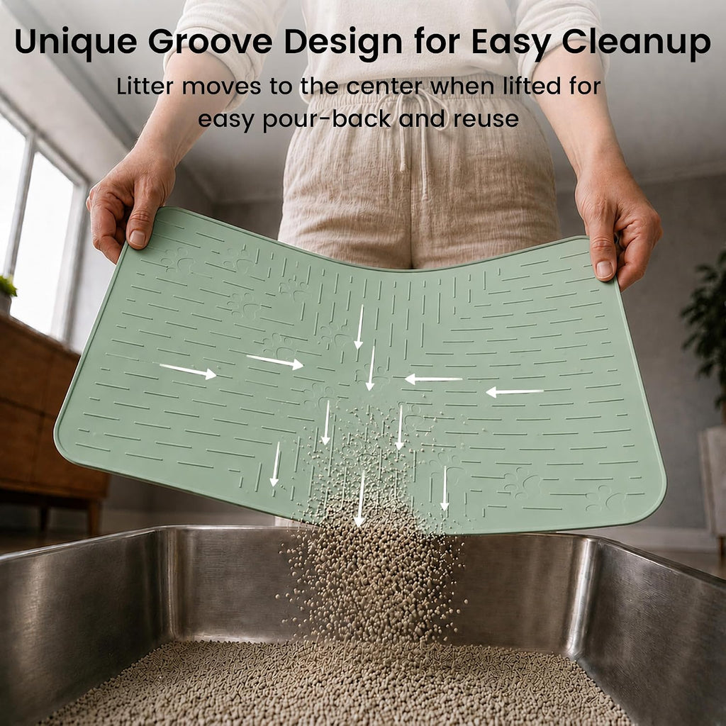 OHMO Cat Litter Mat 23.5x16 Silicone Trapping Mat Sage Green | for Kitty Litter Box, Easy Clean, BPA Free Rubber, Center Litter Collection, Easy Pour-Back, Waterproof, Odor-Resistant