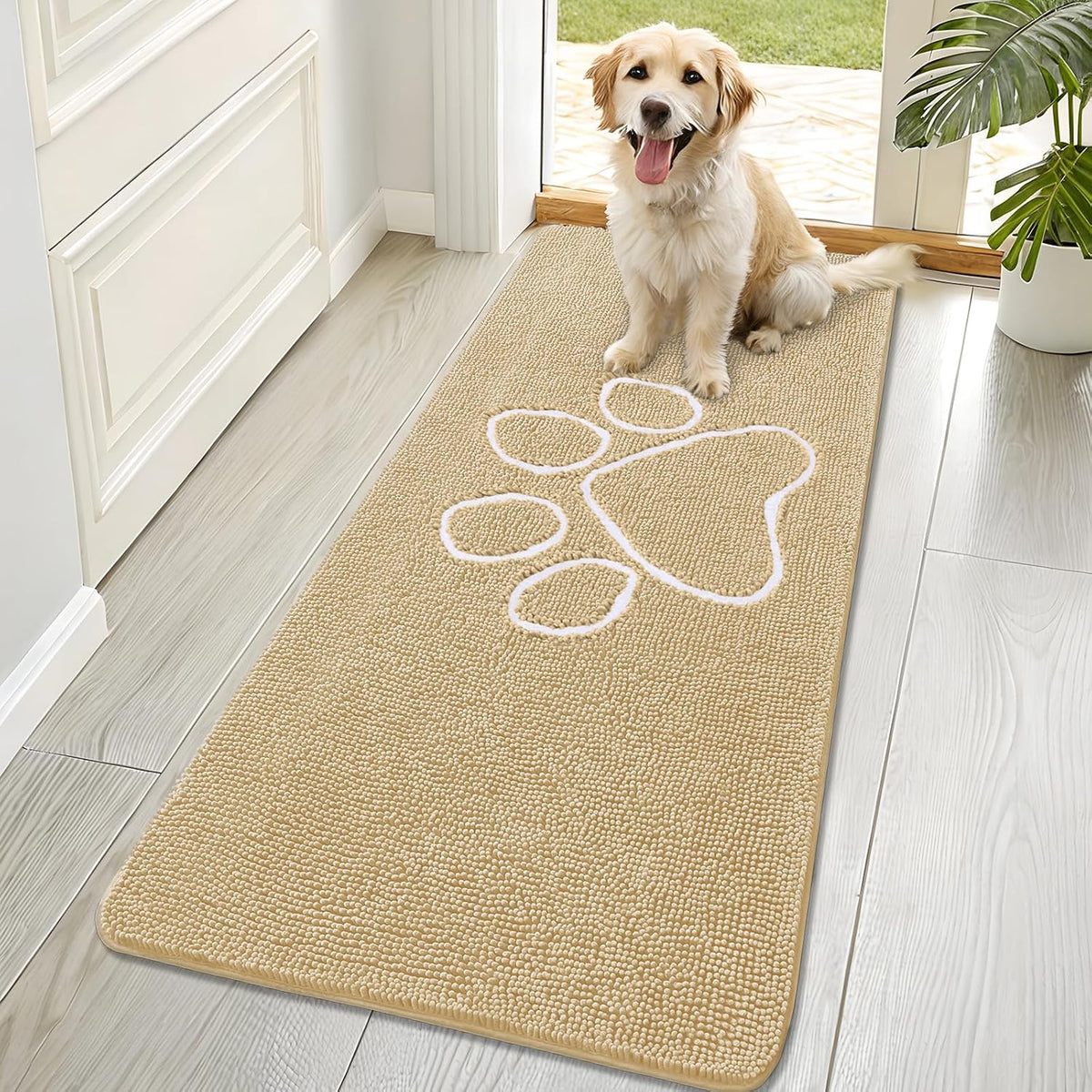OLANLY Dog Door Mat for Muddy Paws 70x32, Paw Print Design Chenille Mud Mat