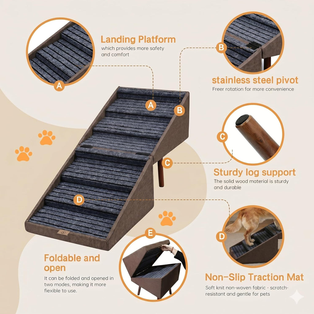 Wood Foldable Ottoman Dog Stairs, for High Beds & Large Dogs