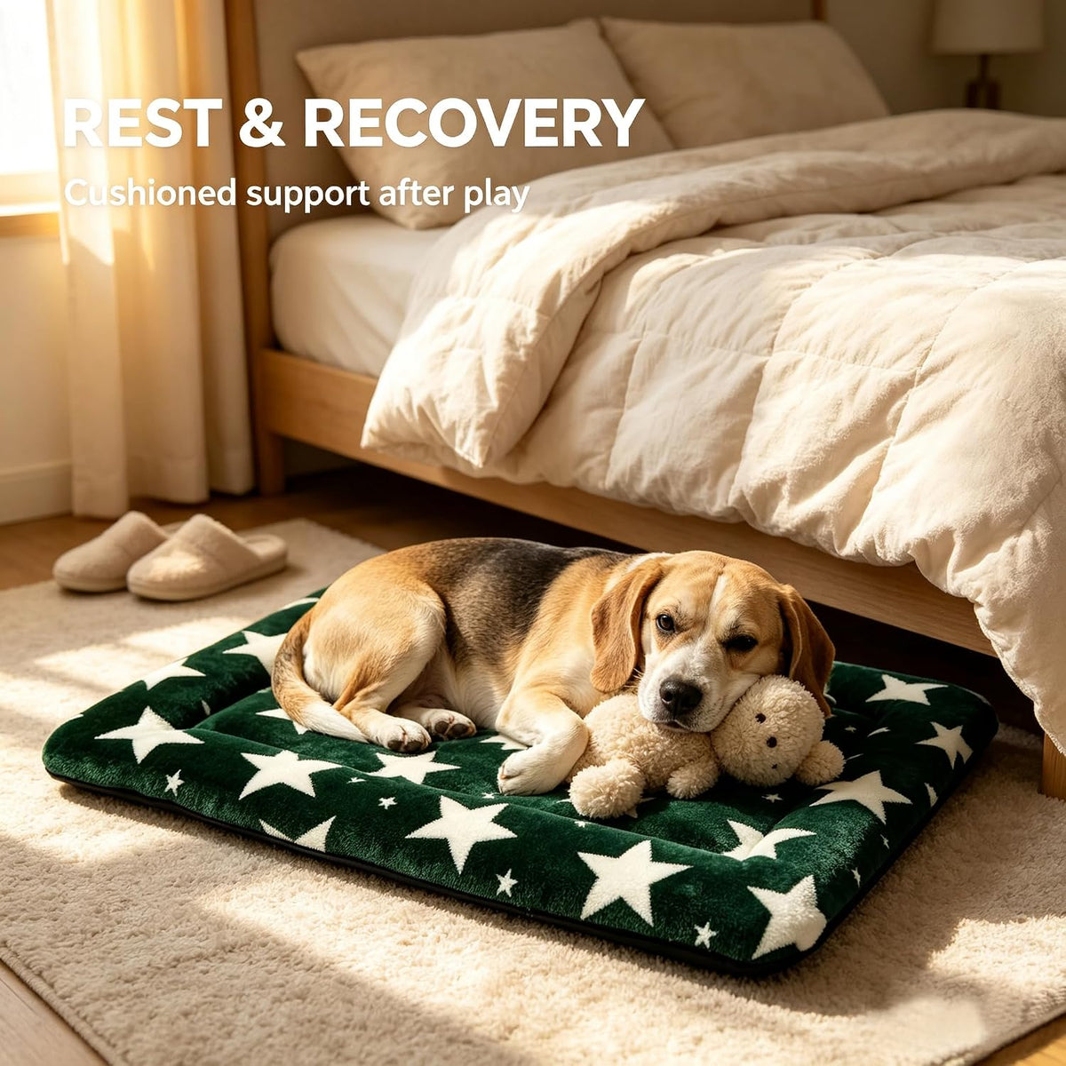 Dog Bed Mat,Reversible & Ultra Soft Kennel Pad-Machine Washable Pet Bed for Dogs & Cats-All-Weather Crate Liner for Crates,Carriers & Travel (Big Star&Green, 35.0" L x 23.0" W x 1.5" Th)