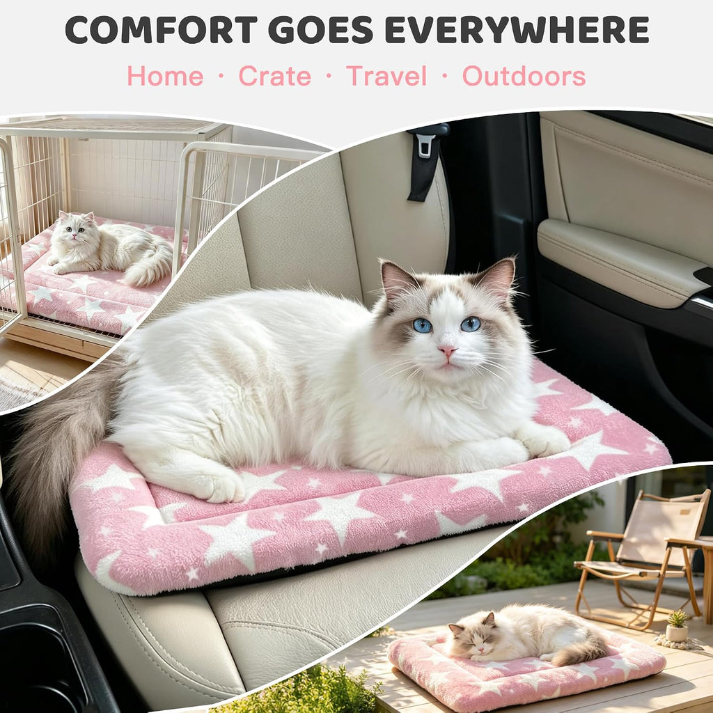 Dog Bed Mat, Reversible Crate Pad & Cute Dog Bed - Machine Washable Kennel Mat with Ultra Soft (Big&Small Stars Pink, 18" L x 14" W x 1.5" Th)
