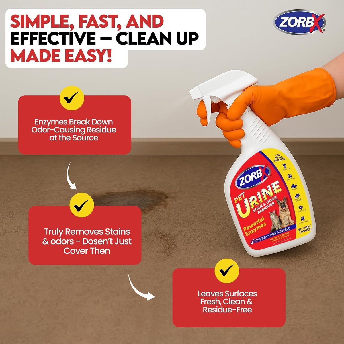 ZORBX Powerful Enzyme Pet Urine Stain & Odor Remover Spray 24 Oz