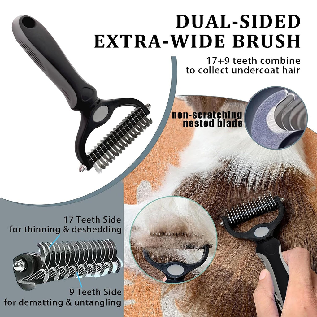 7PCS Dog Grooming Brush Kit for Shedding and Matted Fur, Self-Cleaning Slicker Brush with Undercoat Rake, Flea Comb for Long-Haired Pets, Grey