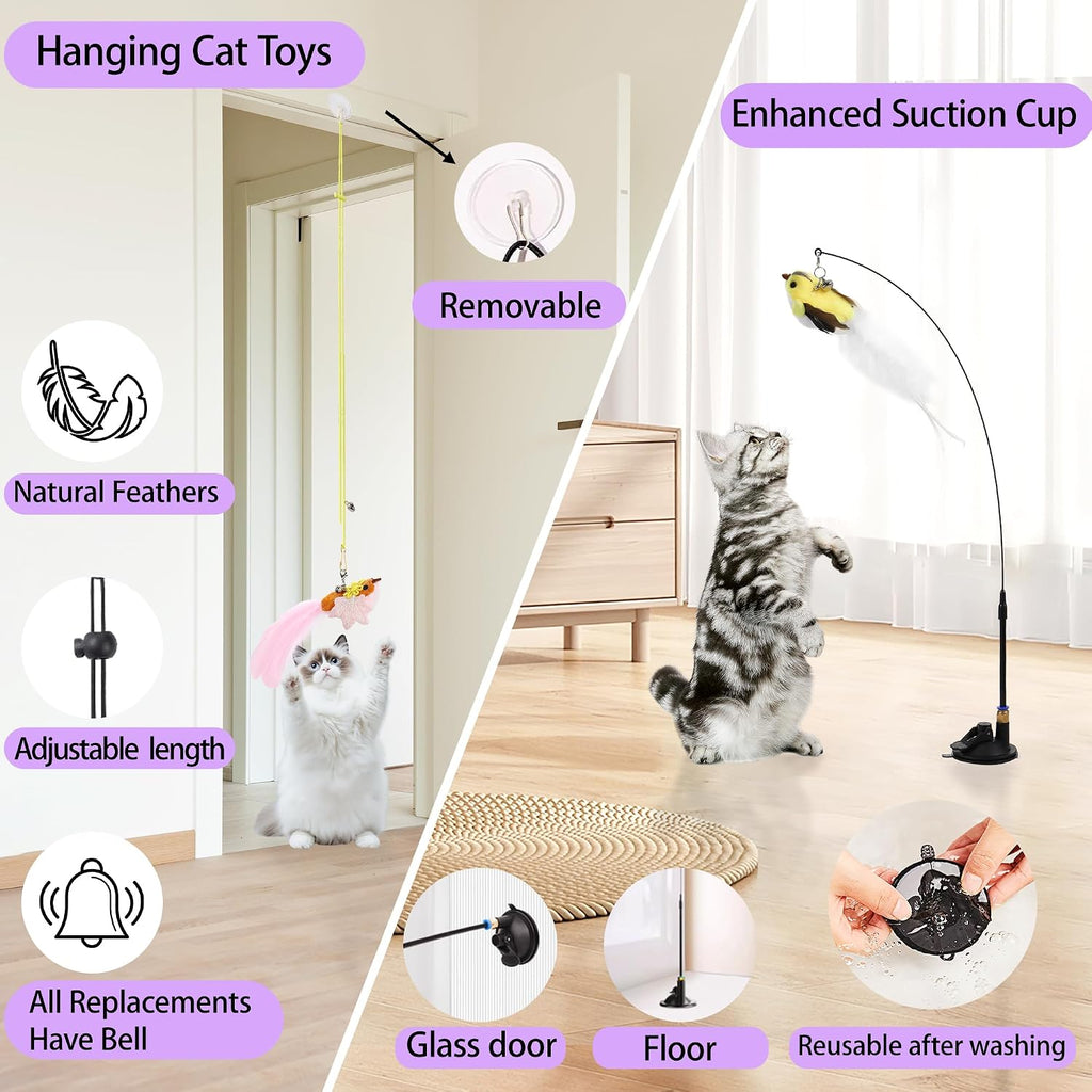 Soarer 3in1 Flying Bird Cat Wand Toys with Suction Cup for Indoor Cat,7Pcs