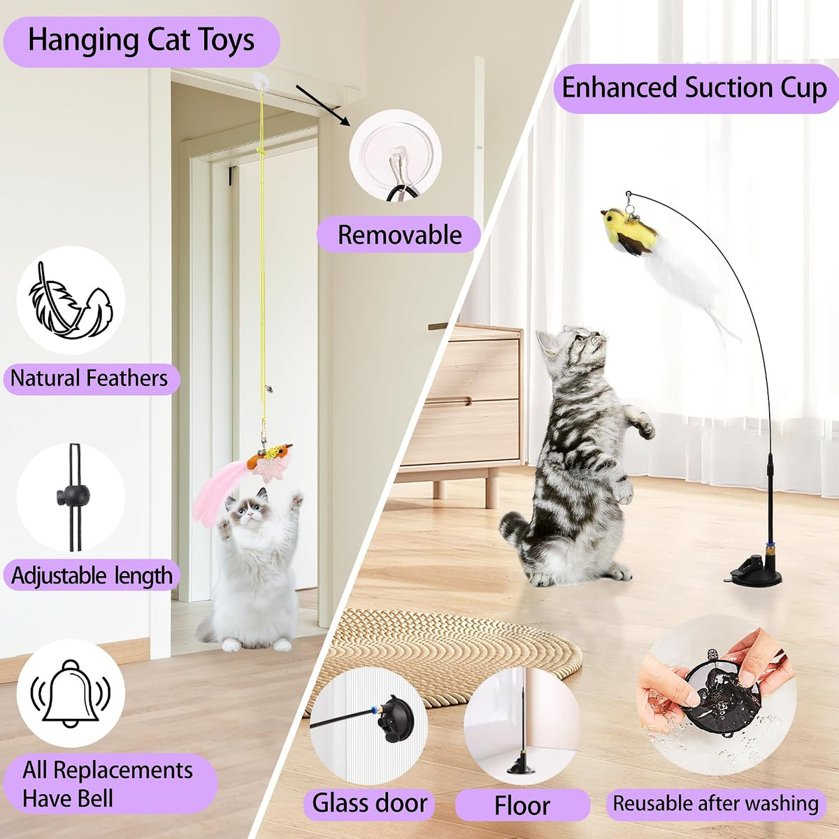 Soarer 3in1 Flying Bird Cat Wand Toys with Suction Cup for Indoor Cat,7Pcs