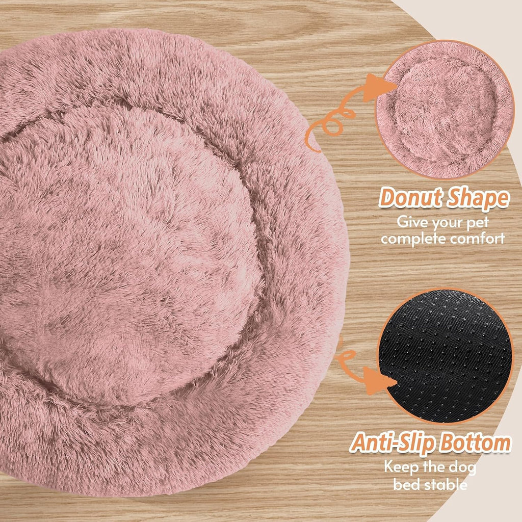 JOLLYVOGUE Calming Small Dog & Cat Bed for Indoor Cats - 20 inches Washable Donut Bed for Kittens & Puppies, Anti-Anxiety Round Fluffy Plush Pet Beds (Fits up to 15 lbs, Dark Pink)