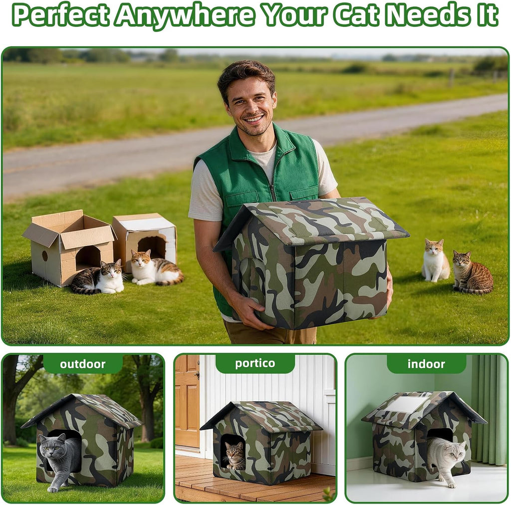 Cat House for Outdoor Cats, Weatherproof Feral Cat House with Mat and Doors, Easy to Put Together, Collapsible Warm Pet Nest Kitty Shelter for Winter, Never Blow Away