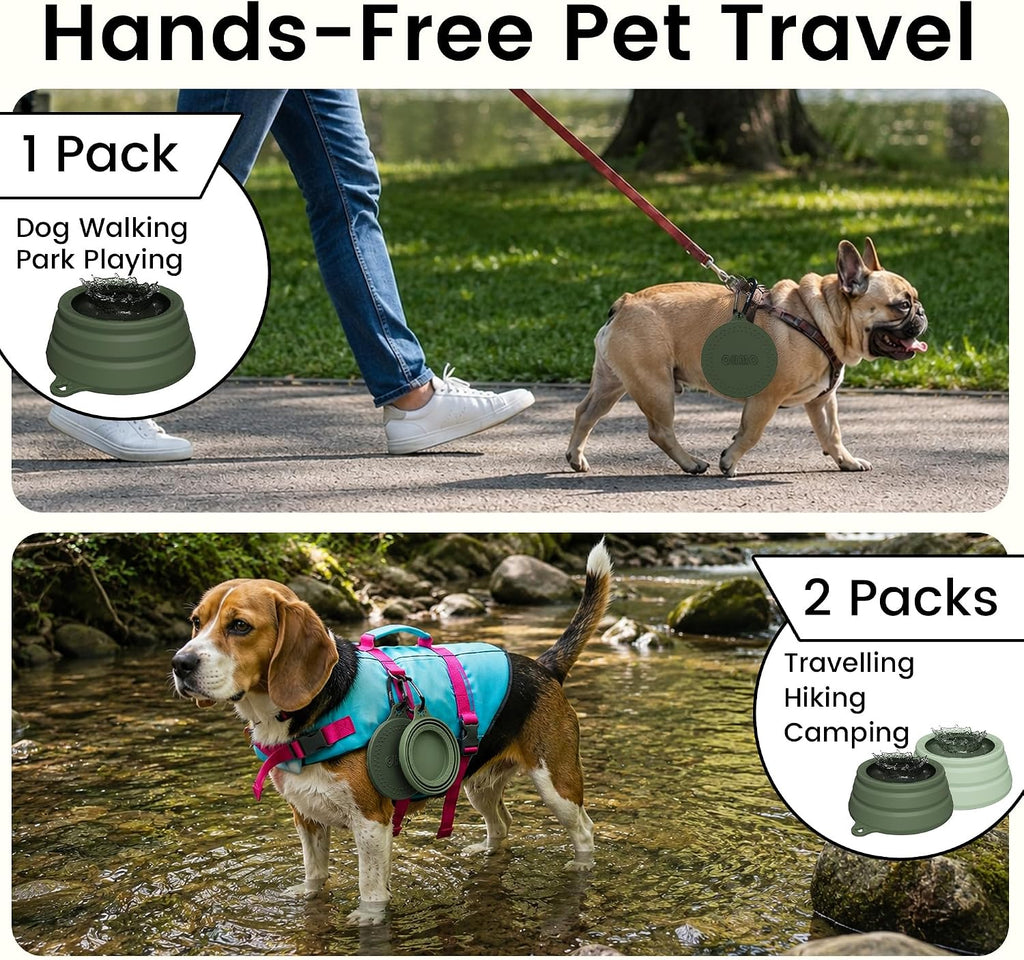 OHMO Spill Proof Collapsible Dog Bowl, 34oz Portable Dog Water Bowl | Low Center Gravity Stability, Tapered Splash Control, Foldable, Dishwasher Safe, Dog Travel Essential, Camo Green