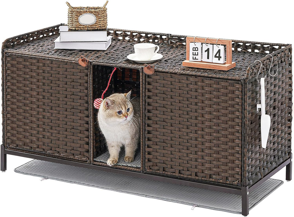 SETVSON Cat Litter Box Enclosure for 2 Cats, Litter Box Furniture, Brown | Beautiful Decorative Furniture Look, Sturdy Iron Frame, 3.2" Heightened Feet, Double Mats, S-Hooks Included, Double Doors