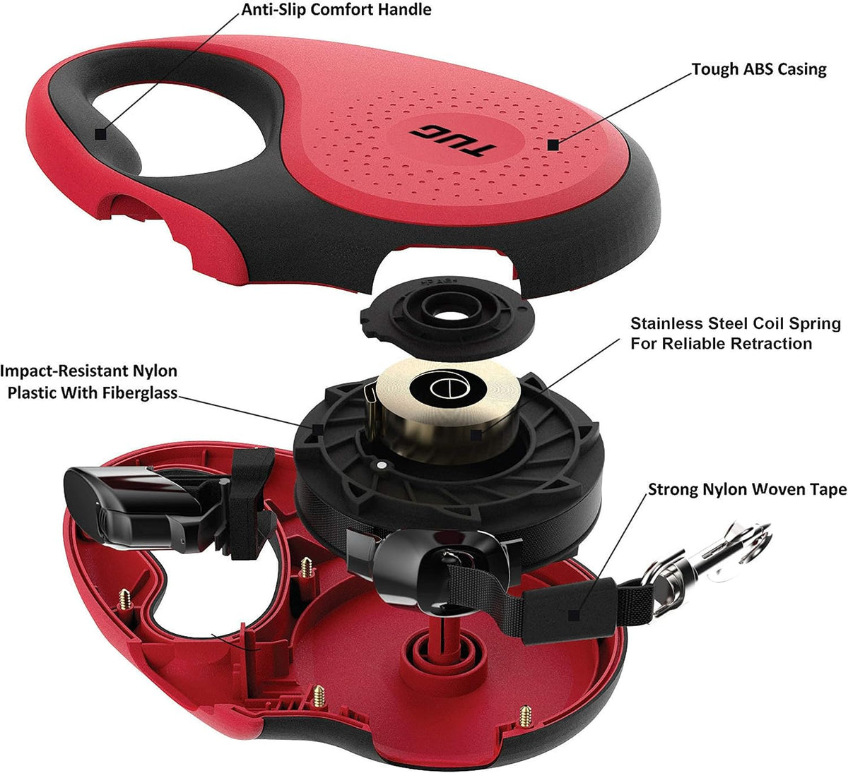 TUG Tiny Retractable Dog Leash, 10 ft (Extra Small, Red)