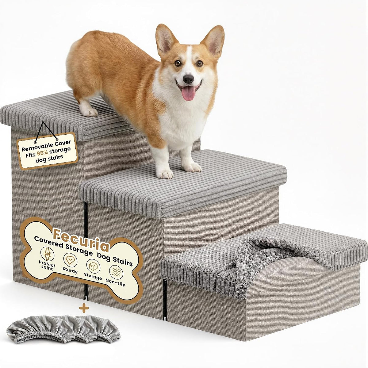 3-Step Wide Dog Stairs 18" H with Removable Cover, Non-Slip Storage Pet Steps for High Bed Couch, Pet Stairs for Small/Medium/Large Old Dogs Puppy Up to 200lbs, Cat Dog Steps for Car, Grey